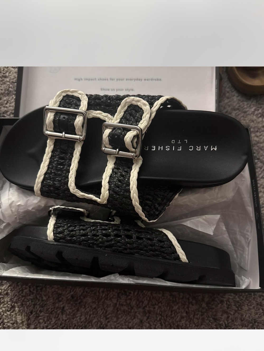 Marc Fisher Black and White Braided Slide Sandals